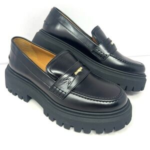 Maje Women’s Medallion Chunky Sole Penny Loafers Sz 39 / 8.5 Black Leather NWOB